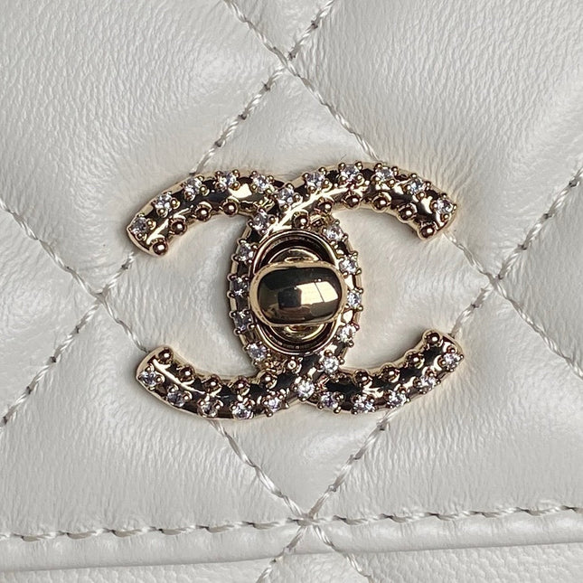 CHANEL 25S MINI FLAP BAG WITH TOP HANDLE 18 IN WHITE LAMBSKIN GOLD HARDWARE