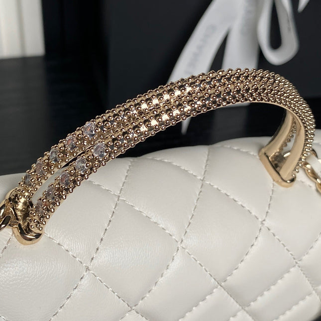 CHANEL 25S MINI FLAP BAG WITH TOP HANDLE 18 IN WHITE LAMBSKIN GOLD HARDWARE