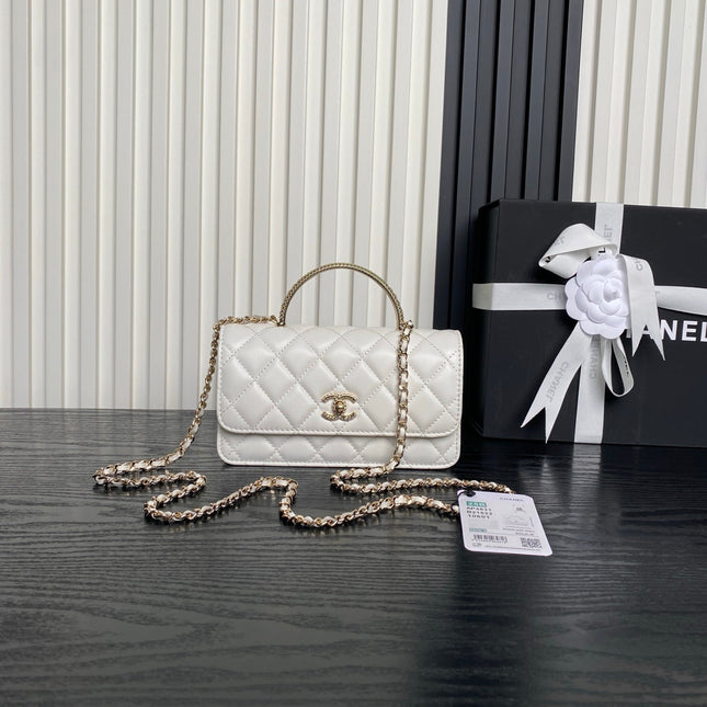 CHANEL 25S MINI FLAP BAG WITH TOP HANDLE 18 IN WHITE LAMBSKIN GOLD HARDWARE