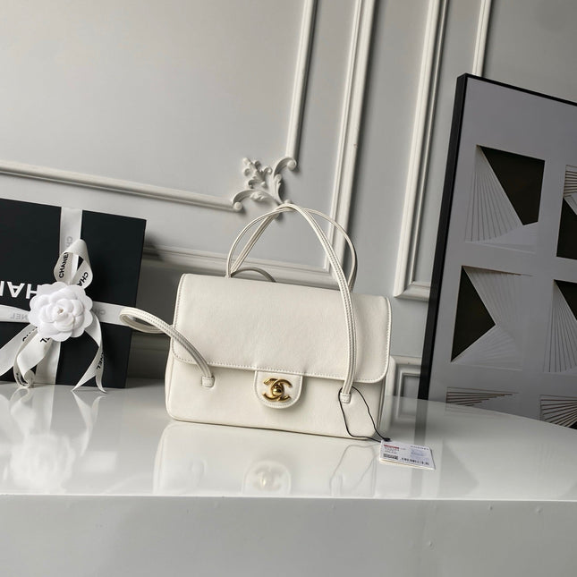 CHANEL 26S SMALL PREPPY COCO FLAP BAG 22 IN IVORY WHITE GRAINED CALFSKIN GOLD HARDWARE