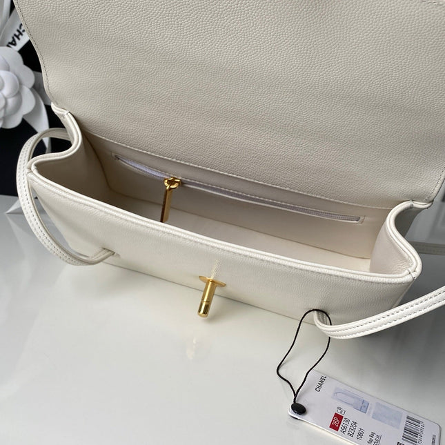 CHANEL 26S SMALL PREPPY COCO FLAP BAG 22 IN IVORY WHITE GRAINED CALFSKIN GOLD HARDWARE