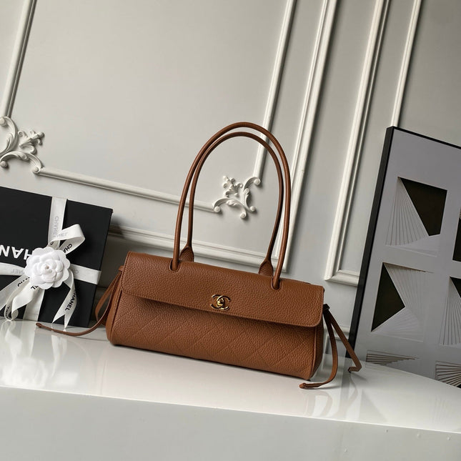 CHANEL 26S BOWLING BAGUETTE BAG 30CM IN CARAMEL BROWN CAVIAR CALFSKIN