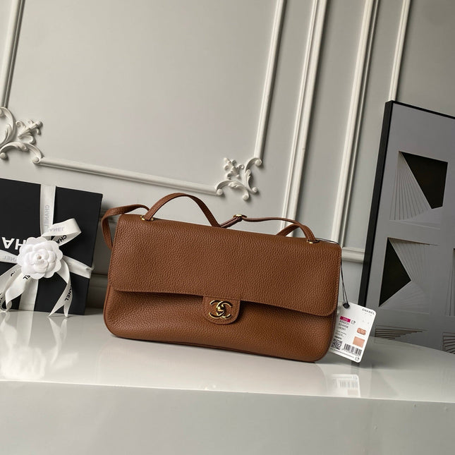 CHANEL 26S CC LOGO SHOULDER BAG 32 IN CAMEL BROWN GRAINED CALFSKIN