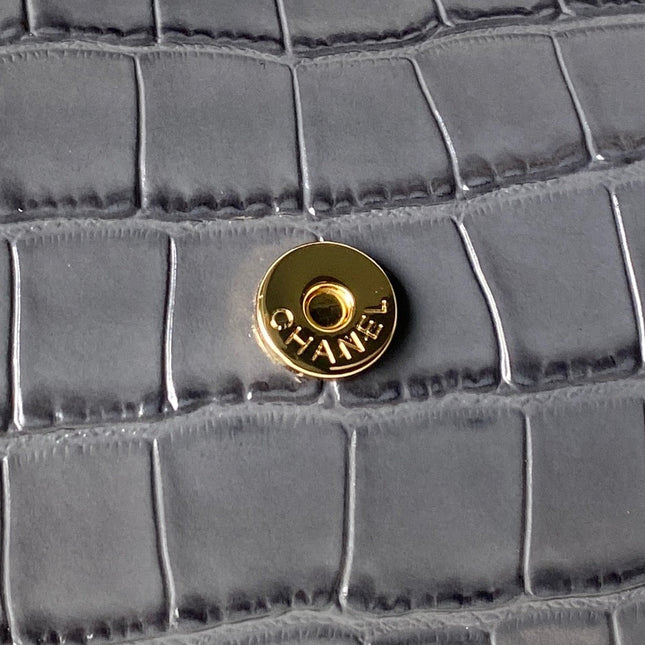 CHANEL 26S BARREL CLUTCH WITH CHAIN 23 IN DARK GREY CROCODILE-EMBOSSED CALFSKIN GOLD HARDWARE