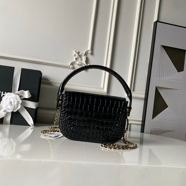 CHANEL 26S TOP HANDLE BAG 19 IN BLACK CROCODILE-EMBOSSED CALFSKIN GOLD HARDWARE
