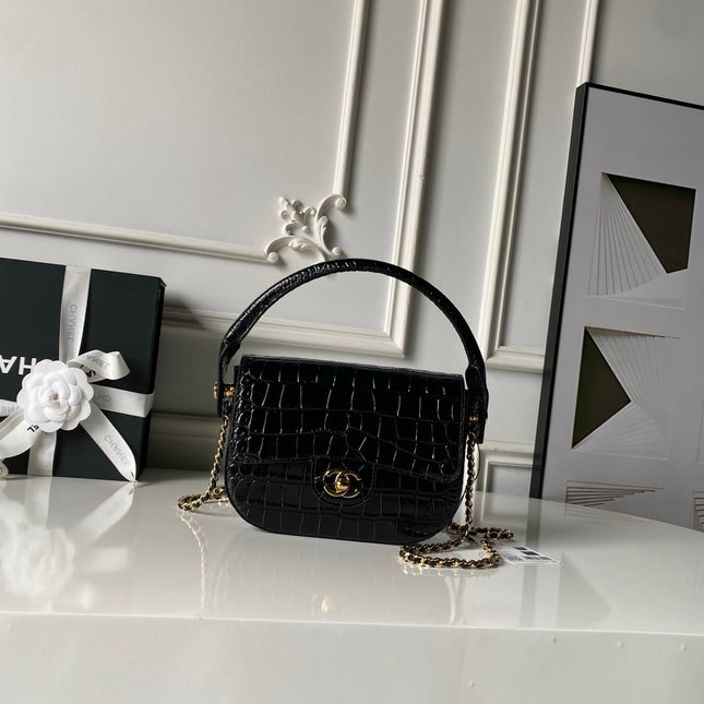 CHANEL 26S TOP HANDLE BAG 19 IN BLACK CROCODILE-EMBOSSED CALFSKIN GOLD HARDWARE
