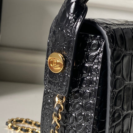 CHANEL 26S TOP HANDLE BAG 19 IN BLACK CROCODILE-EMBOSSED CALFSKIN GOLD HARDWARE