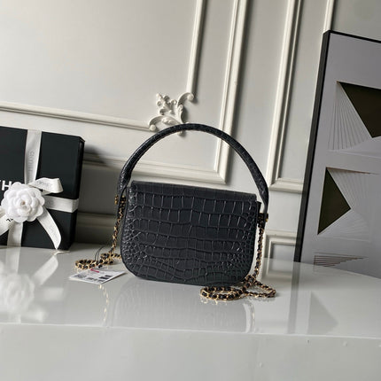 CHANEL 26S TOP HANDLE BAG 19 IN DARK GREY CROCODILE-EMBOSSED CALFSKIN GOLD HARDWARE