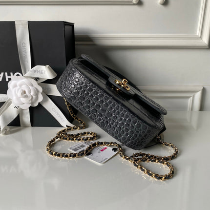 CHANEL 26S TOP HANDLE BAG 19 IN DARK GREY CROCODILE-EMBOSSED CALFSKIN GOLD HARDWARE