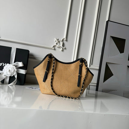 CHANEL 26S MAXI SHOPPING BAG 28 IN BEIGE RAFFIA AND BLACK CALFKIN GOLD HARDWARE