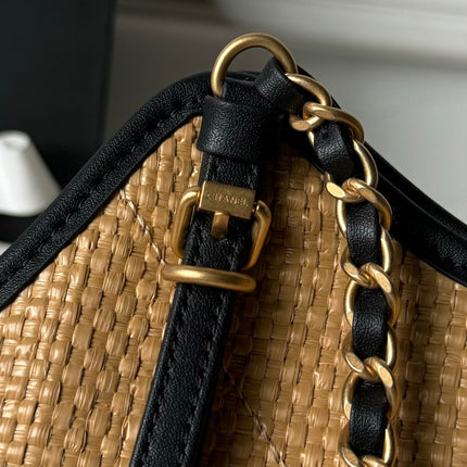 CHANEL 26S MAXI SHOPPING BAG 28 IN BEIGE RAFFIA AND BLACK CALFKIN GOLD HARDWARE