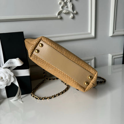 CHANEL 26S MAXI SHOPPING BAG 28 IN BEIGE RAFFIA AND BLACK CALFKIN GOLD HARDWARE