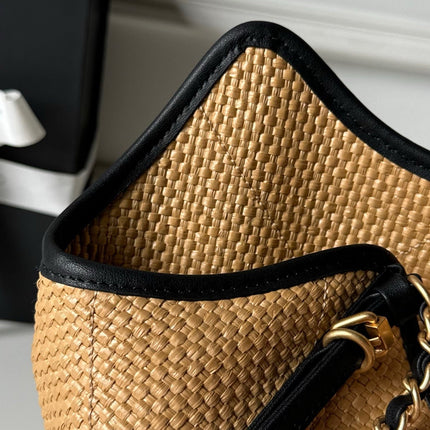 CHANEL 26S MAXI SHOPPING BAG 28 IN BEIGE RAFFIA AND BLACK CALFKIN GOLD HARDWARE