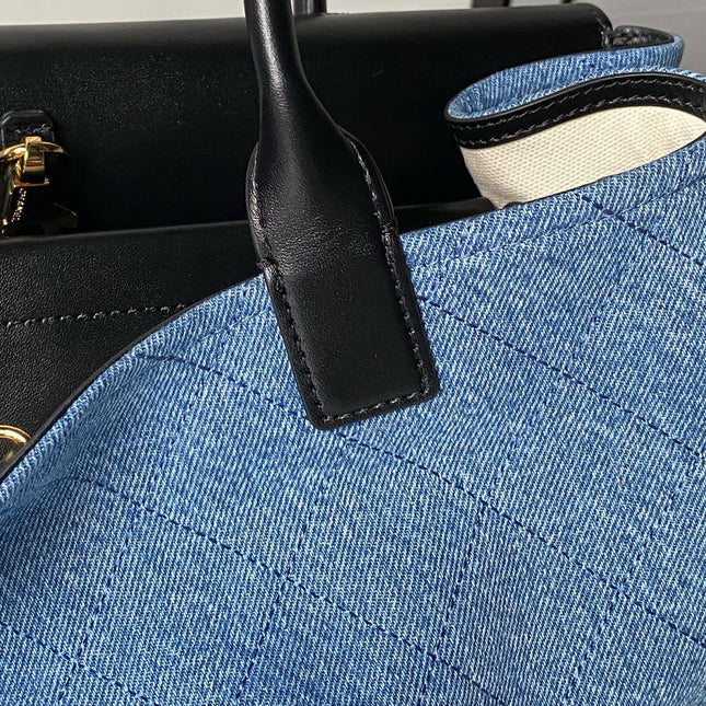 CHANEL 26S TOP HANDLE BAG 30 IN BLUE DENIM AND BLACK CALFSKIN GOLD HARDWARE