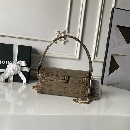 CHANEL 26S BARREL CLUTCH WITH CHAIN 23 IN KHAKI BROWN CROCODILE-EMBOSSED CALFSKIN GOLD HARDWARE
