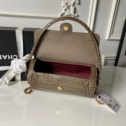 CHANEL 26S BARREL CLUTCH WITH CHAIN 23 IN KHAKI BROWN CROCODILE-EMBOSSED CALFSKIN GOLD HARDWARE
