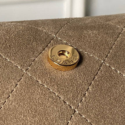 CHANEL 26S BARREL CLUTCH WITH CHAIN 23 IN DARK KHAKI BROWN SUEDE AND CALFSKIN GOLD HARDWARE