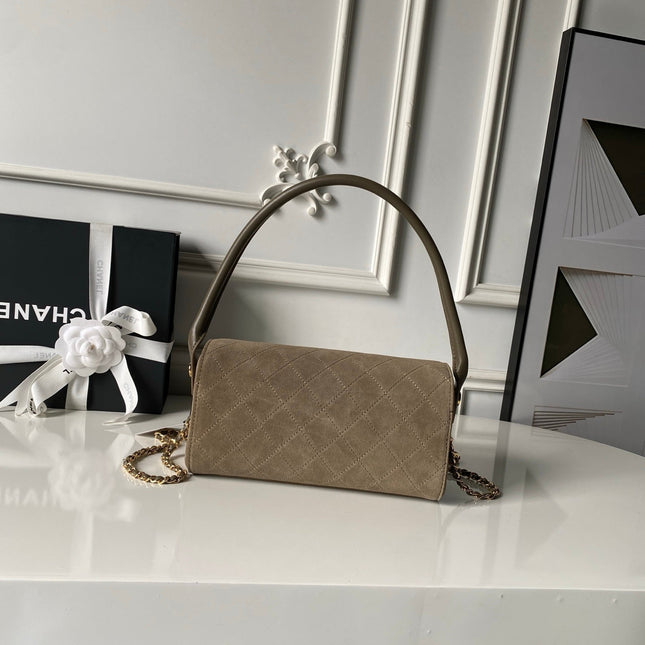 CHANEL 26S BARREL CLUTCH WITH CHAIN 23 IN DARK KHAKI BROWN SUEDE AND CALFSKIN GOLD HARDWARE