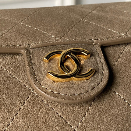 CHANEL 26S BARREL CLUTCH WITH CHAIN 23 IN DARK KHAKI BROWN SUEDE AND CALFSKIN GOLD HARDWARE