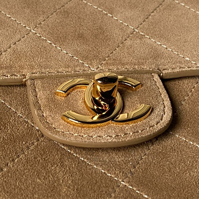 CHANEL 26S MAXI FLAP BAG 32 IN DARK BEIGE SUEDE AND CALFSKIN GOLD HARDWARE