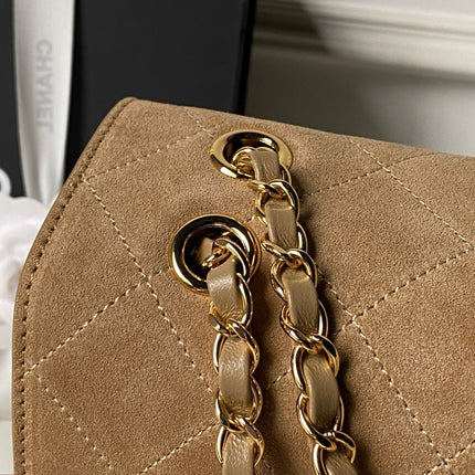 CHANEL 26S MAXI FLAP BAG 32 IN DARK BEIGE SUEDE AND CALFSKIN GOLD HARDWARE