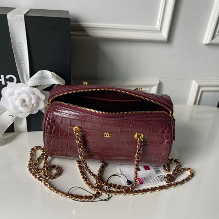 CHANEL 26S MINI TIMELESS CLASSIC BARREL BAG 19 IN BURGUNDY RED CROCODILE-EMBOSSED PATENT CALFSKIN GOLD HARDWARE