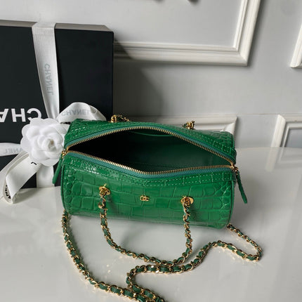 CHANEL 26S MINI TIMELESS CLASSIC BARREL BAG 19 IN GREEN CROCODILE-EMBOSSED PATENT CALFSKIN GOLD HARDWARE