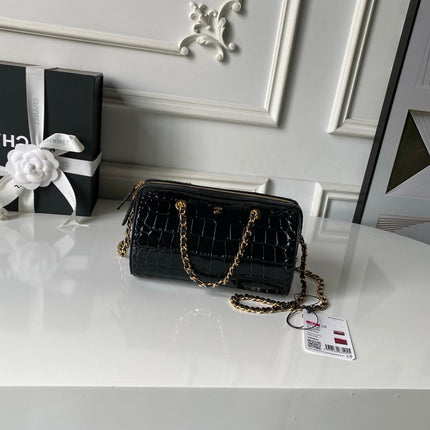 CHANEL 26S MINI TIMELESS CLASSIC BARREL BAG 19 IN BLACK CROCODILE-EMBOSSED PATENT CALFSKIN GOLD HARDWARE