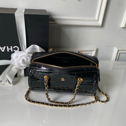 CHANEL 26S MINI TIMELESS CLASSIC BARREL BAG 19 IN BLACK CROCODILE-EMBOSSED PATENT CALFSKIN GOLD HARDWARE