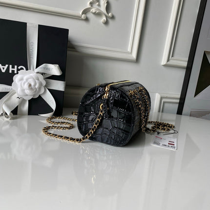 CHANEL 26S MINI TIMELESS CLASSIC BARREL BAG 19 IN BLACK CROCODILE-EMBOSSED PATENT CALFSKIN GOLD HARDWARE