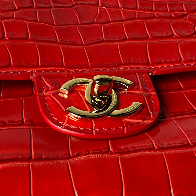 CHANEL 26S CC LOGO SHOULDER BAG 32 IN DARK RED CROCODILE-EMBOSSED CALFSKIN GOLD HARDWARE