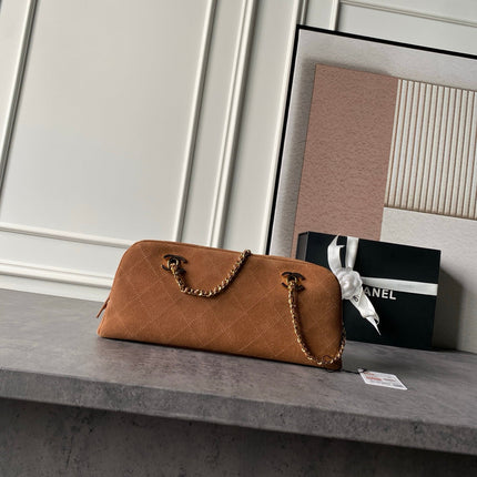 CHANEL 26S CHAIN CLUTCH BAG 32 IN CARAMEL BROWN QUILTED SUEDE GOLD HARDWARE
