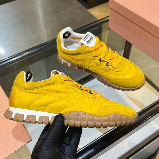 MIUMIU 26S SNEAKERS IN YELLOW FABRIC AND SUEDE