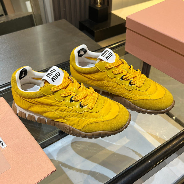 MIUMIU 26S SNEAKERS IN YELLOW FABRIC AND SUEDE