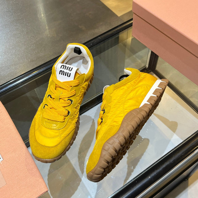 MIUMIU 26S SNEAKERS IN YELLOW FABRIC AND SUEDE