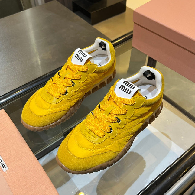 MIUMIU 26S SNEAKERS IN YELLOW FABRIC AND SUEDE