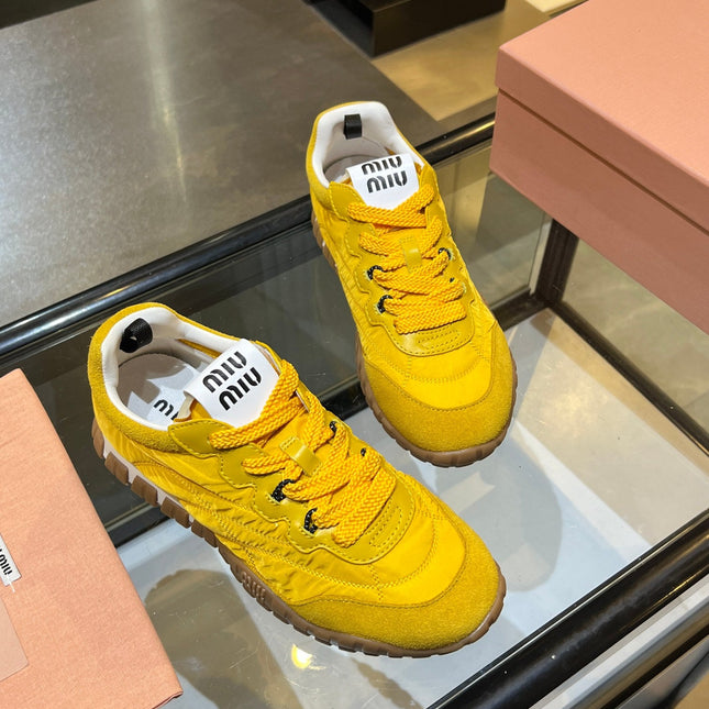 MIUMIU 26S SNEAKERS IN YELLOW FABRIC AND SUEDE
