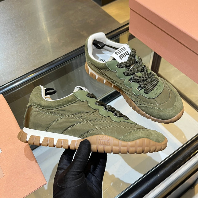 MIUMIU 26S SNEAKERS IN ARMY OLIVE FABRIC AND SUEDE