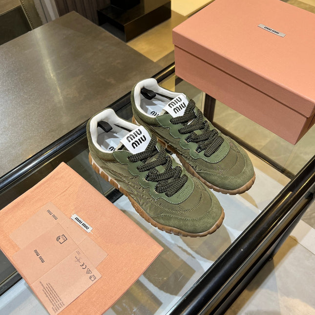 MIUMIU 26S SNEAKERS IN ARMY OLIVE FABRIC AND SUEDE