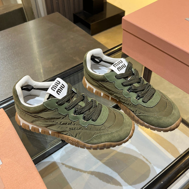 MIUMIU 26S SNEAKERS IN ARMY OLIVE FABRIC AND SUEDE