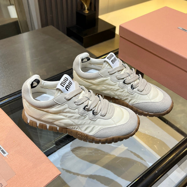 MIUMIU 26S SNEAKERS IN IVORY WHITE FABRIC AND SUEDE