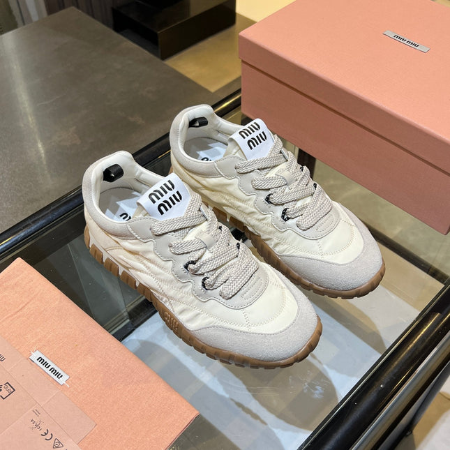 MIUMIU 26S SNEAKERS IN IVORY WHITE FABRIC AND SUEDE