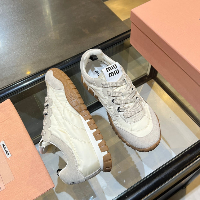 MIUMIU 26S SNEAKERS IN IVORY WHITE FABRIC AND SUEDE