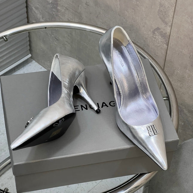 BALENCIAGA 25S HIGH-HEEL SHOES 85 MM IN SILVER COW LEATHER