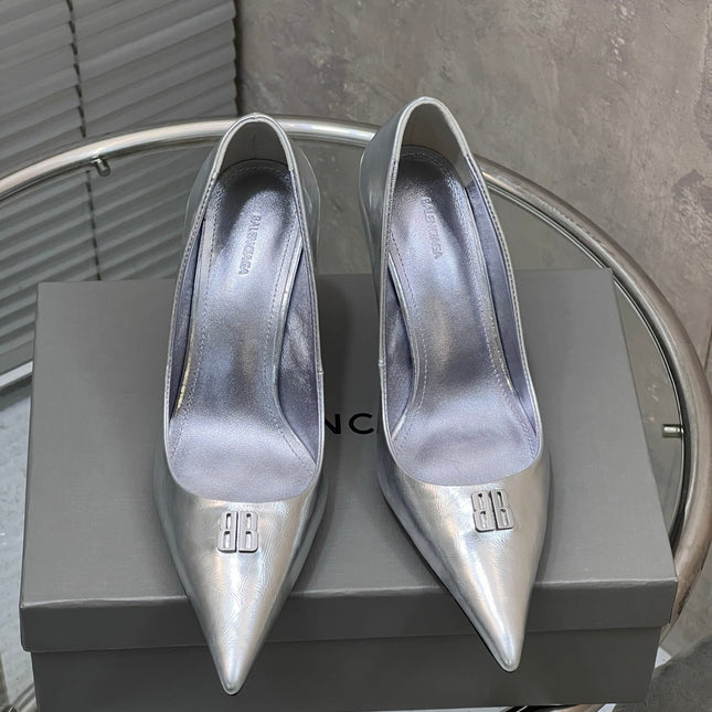 BALENCIAGA 25S HIGH-HEEL SHOES 85 MM IN SILVER COW LEATHER