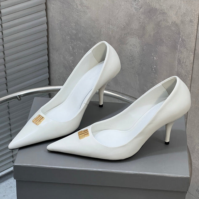 BALENCIAGA 25S HIGH-HEEL SHOES 85 MM IN WHITE COW LEATHER WITH GOLD HARDWARE