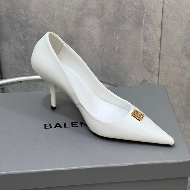 BALENCIAGA 25S HIGH-HEEL SHOES 85 MM IN WHITE COW LEATHER WITH GOLD HARDWARE