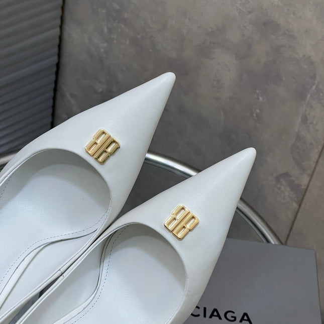BALENCIAGA 25S HIGH-HEEL SHOES 85 MM IN WHITE COW LEATHER WITH GOLD HARDWARE
