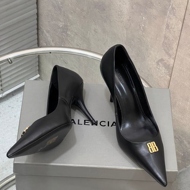 BALENCIAGA 25S HIGH-HEEL SHOES 85 MM IN BLACK COW LEATHER WITH GOLD HARDWARE