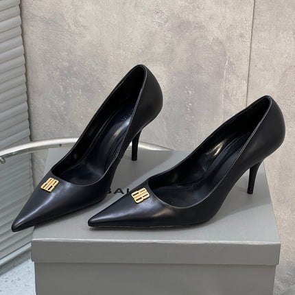 BALENCIAGA 25S HIGH-HEEL SHOES 85 MM IN BLACK COW LEATHER WITH GOLD HARDWARE
